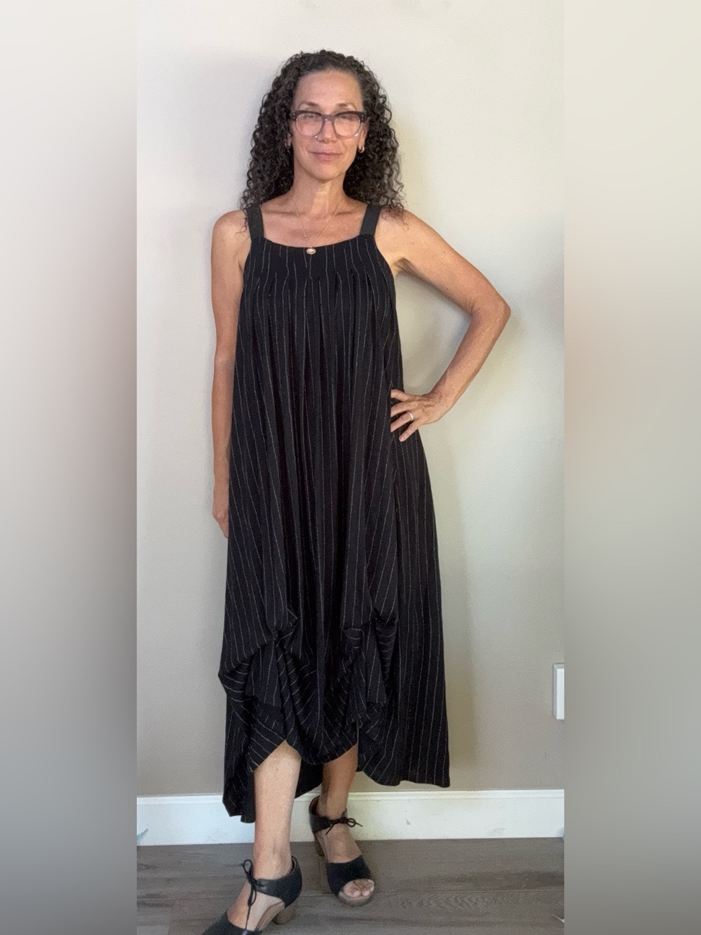MATTHILDUR black white pinstrip Piper midi dress lagenlook art to wear sz Small